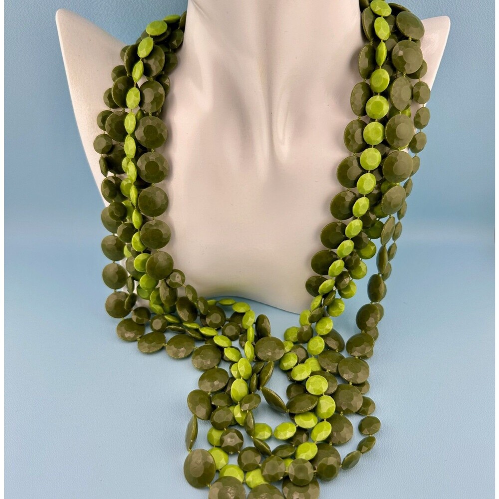 Vintage Avocado Chartreuse Green Multi Strand Necklace 53" Early Plastic Flapper